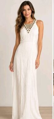 GUESS Off White Maxi Dress V-Neck Open Back Embellished Size 2 Tribal,Boho NWT